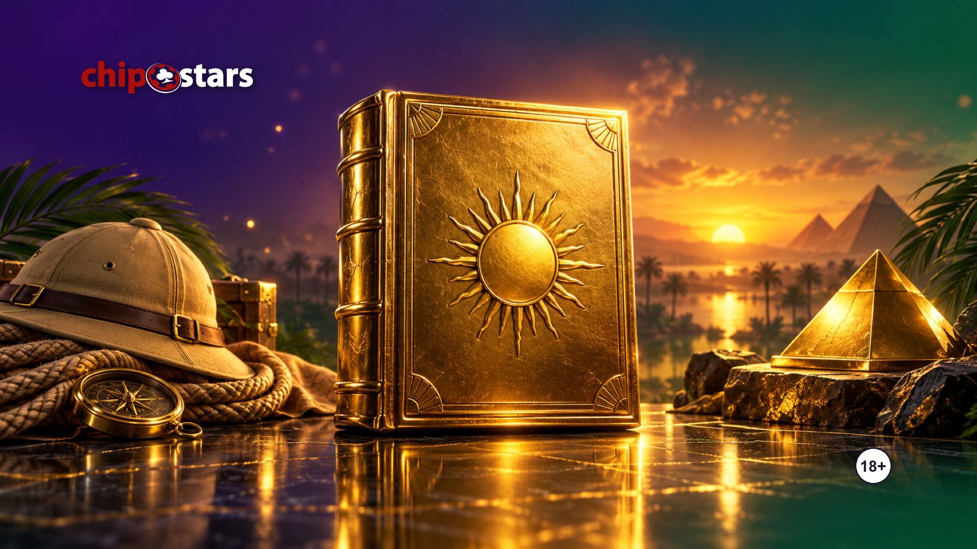 Golden book with a sun disc, an explorer hat and a pyramid at sunset: Book of Ra deluxe slot review at Chipstars