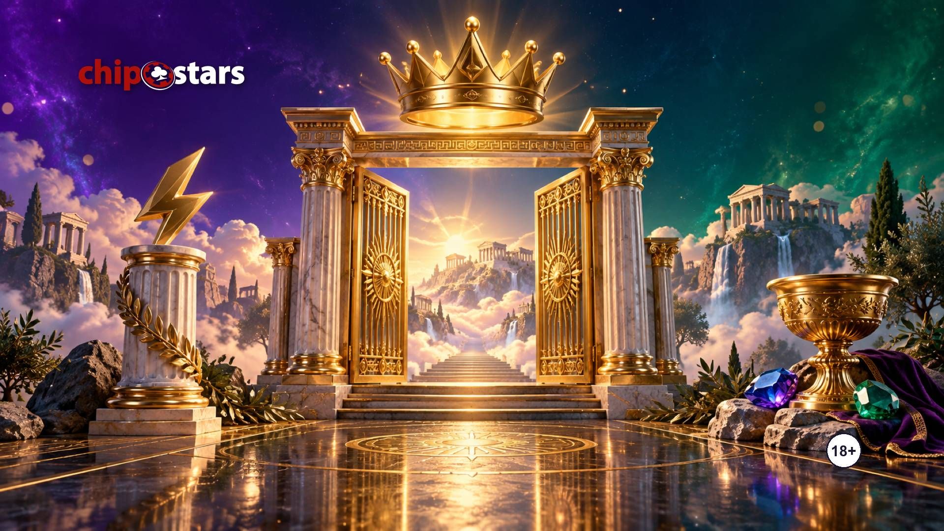 Golden Greek temple gate under a crown, with a lightning column and a goblet: Gates of Olympus 1000 slot review at Chipstars
