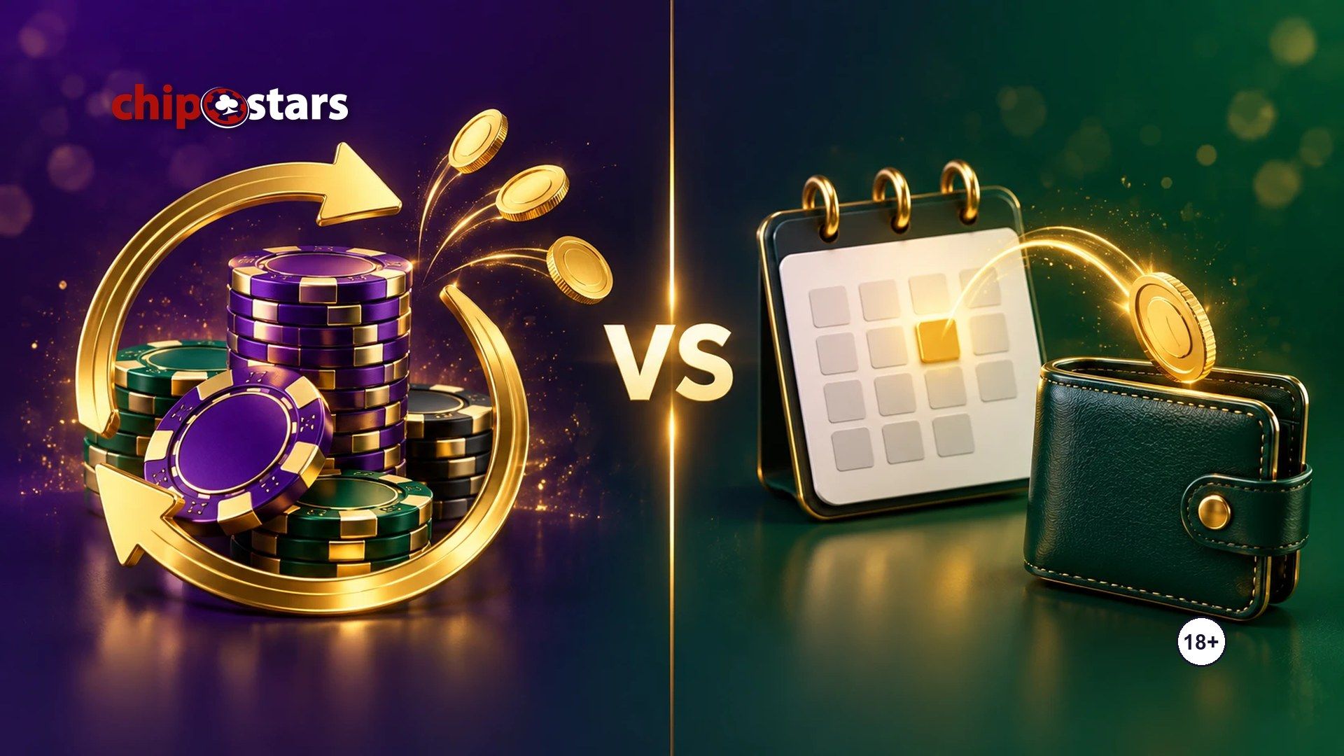 Casino chips in a circular arrow versus a calendar with a coin returning to a wallet: rakeback vs cashback